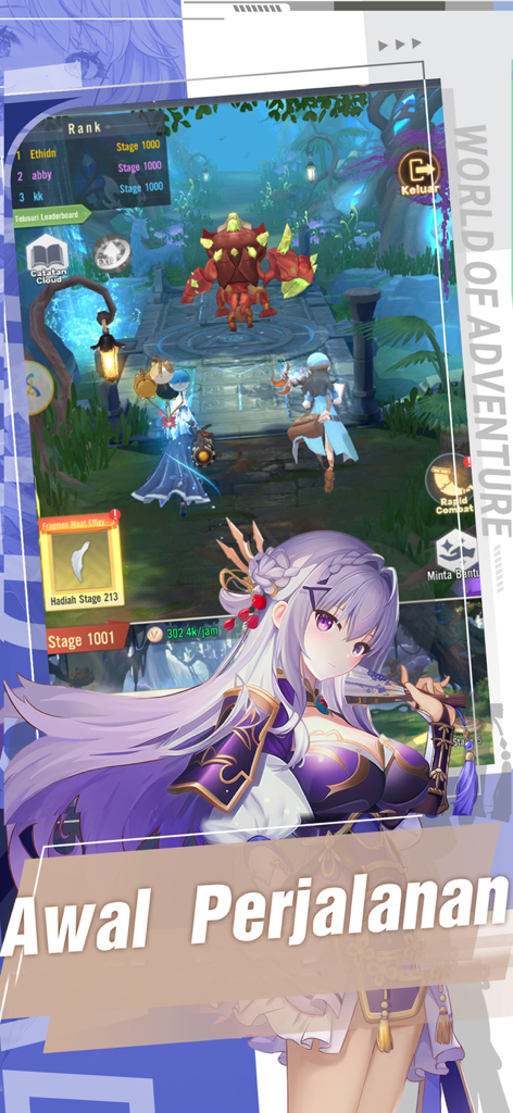 A female anime character in front of a fantasy world bridge scene from Utopia Awan.