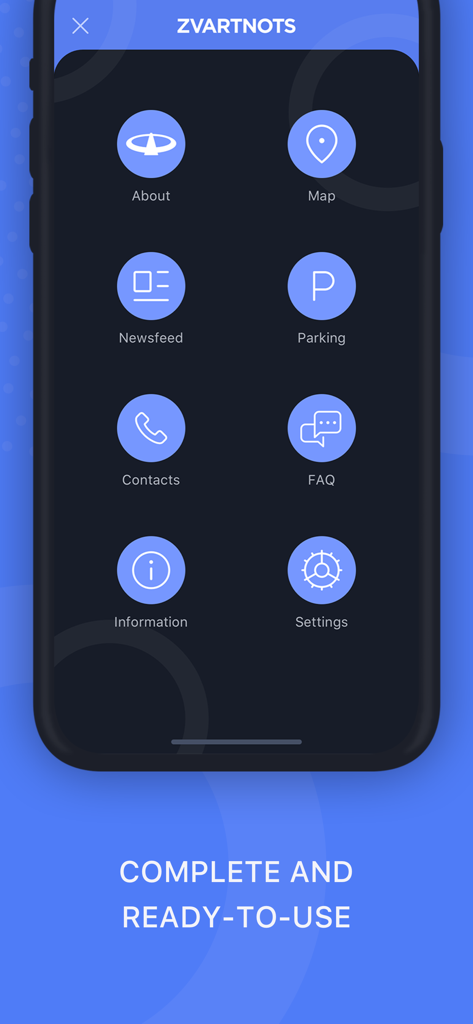 Zvartnots Airport - Zvartnots Airport mobile app main menu screen showing navigation icons for parking, map, and newsfeed