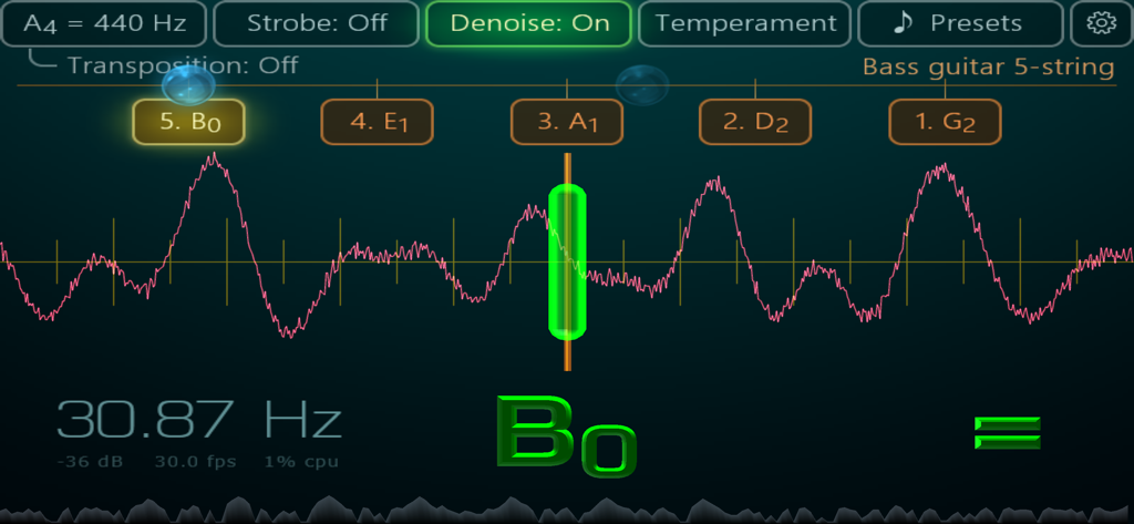 Airyware Tuner app interface displaying a 5-string bass guitar being tuned to B0 with a real-time waveform inspector and frequency readout.