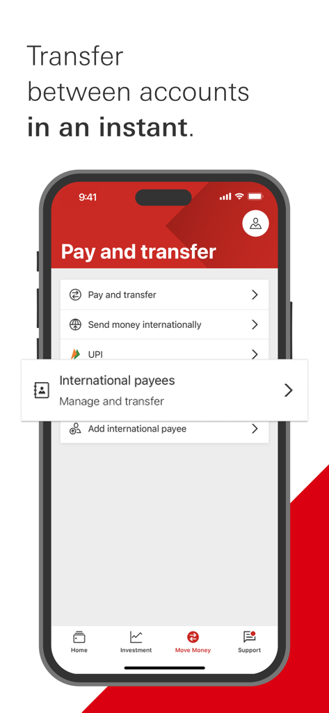 Écran de l'application HSBC Inde pour la gestion des bénéficiaires internationaux et des virements