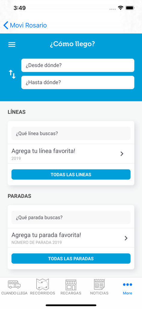 MOVI Rosario app interface showing the route planner and bus lines search