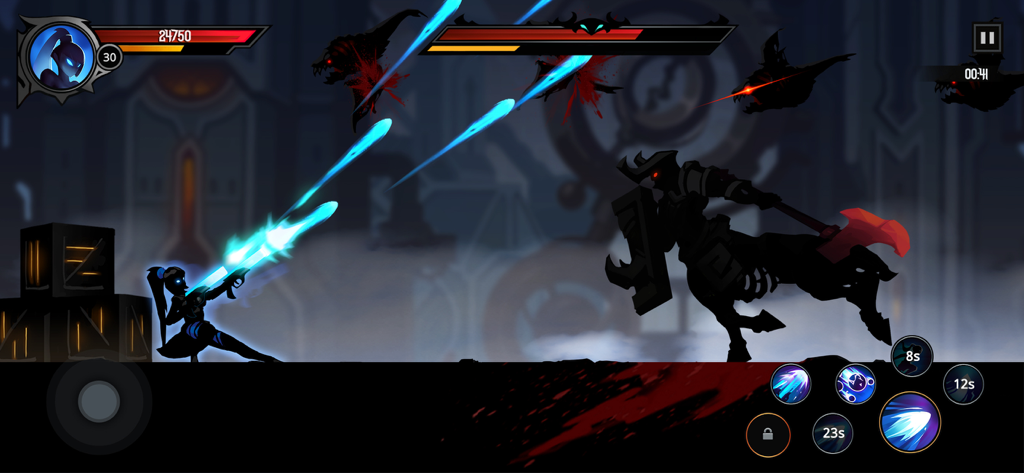 A shadow knight character shooting blue energy projectiles at a large centaur enemy in a dark fantasy side scrolling game
