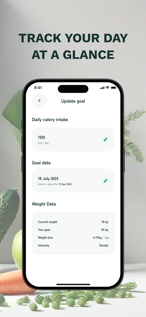 Interfaccia dell'app mobile Nutrio Ai che mostra obiettivi di apporto calorico e dati di tracciamento della perdita di peso