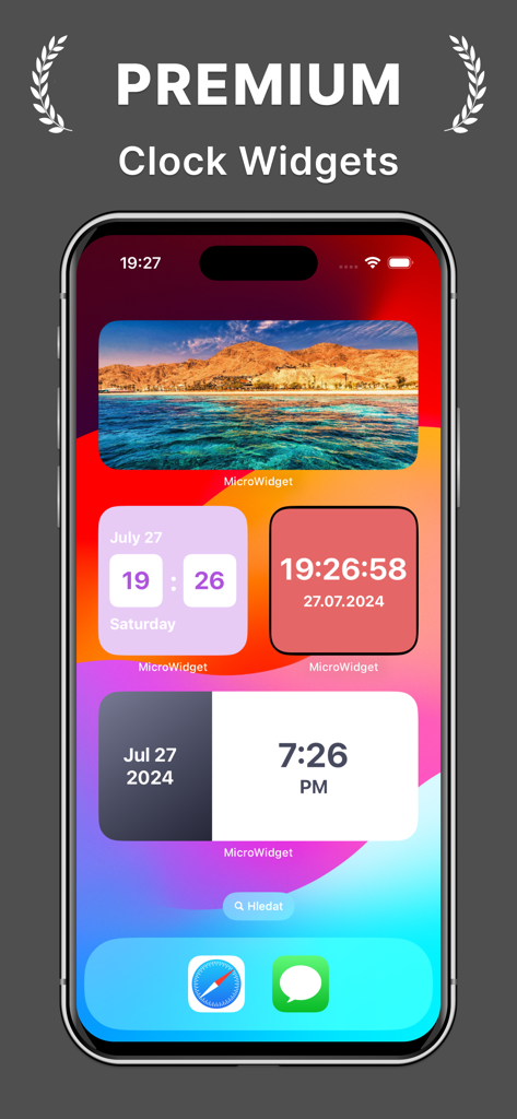Widgets de reloj y fecha estéticos premium mostrados en la pantalla de inicio de un iPhone