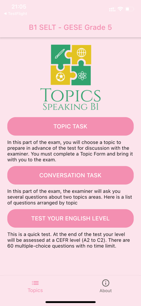 Schermata principale dell'app B1 English Test che mostra le opzioni di preparazione all'esame per le attività di argomento e conversazione