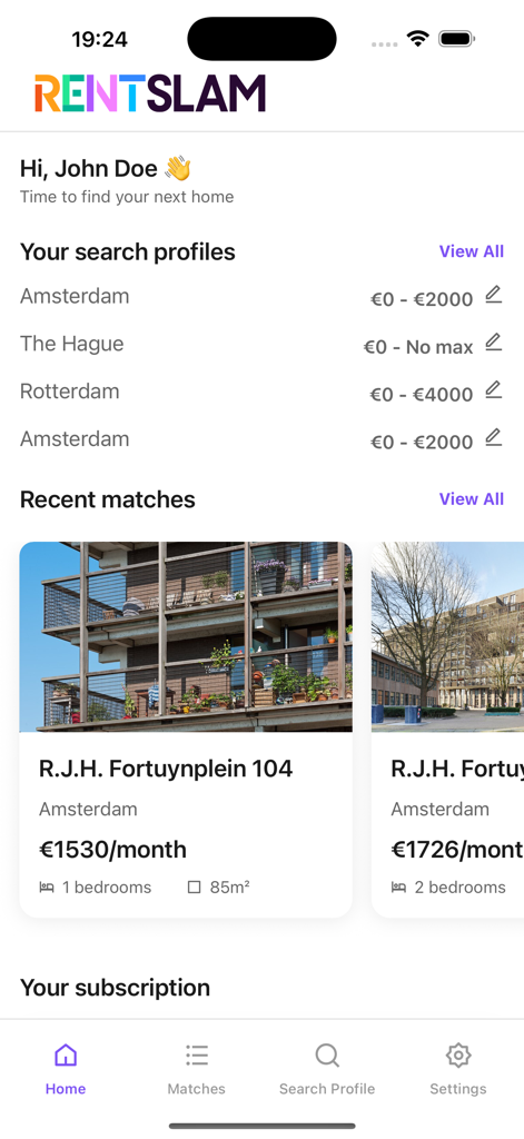 RentSlam - RentSlam mobile app dashboard displaying rental search profiles and recent apartment matches for a user