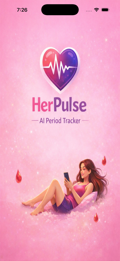 HerPulse – AI Period Tracker - HerPulse AI Period Tracker splash screen featuring the app logo and an illustration of a woman using her smartphone