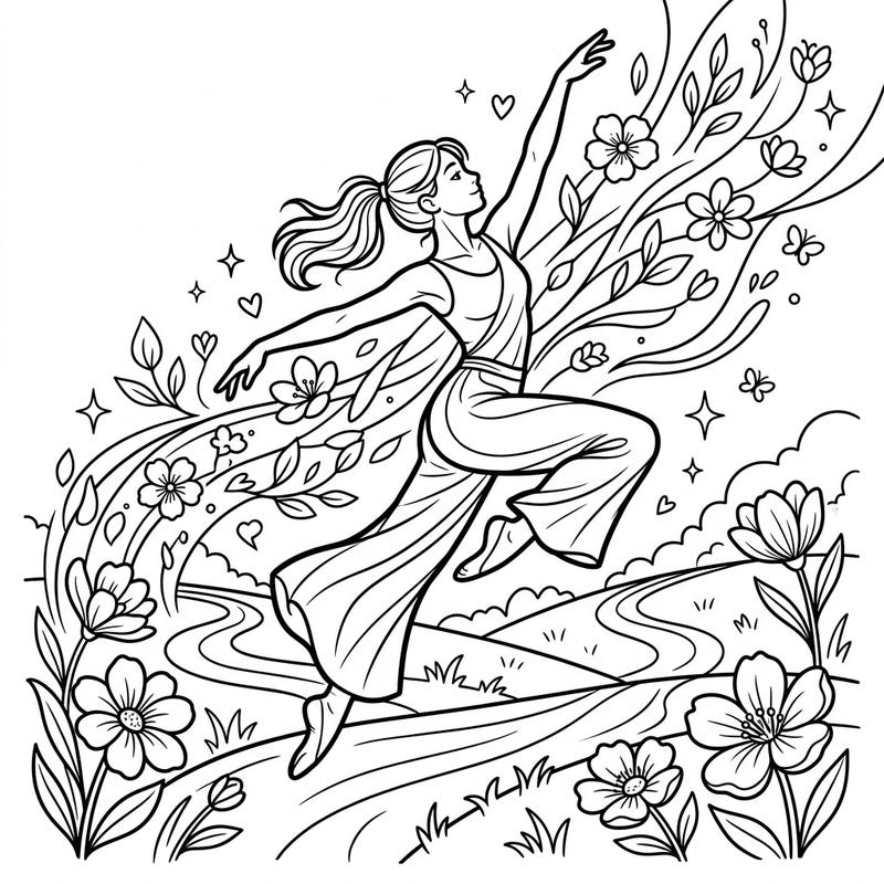 Celebrate the beauty of movement and the freshness of spring with this captivating coloring page featuring a contemporary dancer. Immerse yourself in a world of flowing lines, delicate flowers, and the joy of a new season.