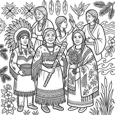 Celebrate the inspiring strength and rich heritage of Indigenous North American women with this unique coloring page. Featuring matriarchs, healers, and influential figures, it's a beautiful way to honor their stories and contributions through art.