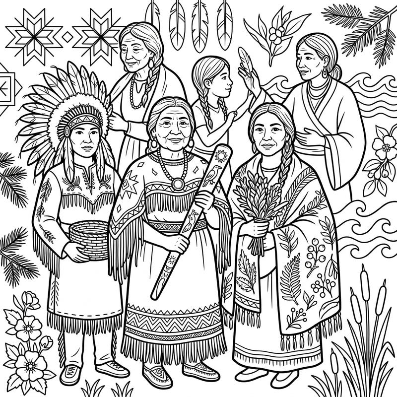 Celebrate the inspiring strength and rich heritage of Indigenous North American women with this unique coloring page. Featuring matriarchs, healers, and influential figures, it's a beautiful way to honor their stories and contributions through art.