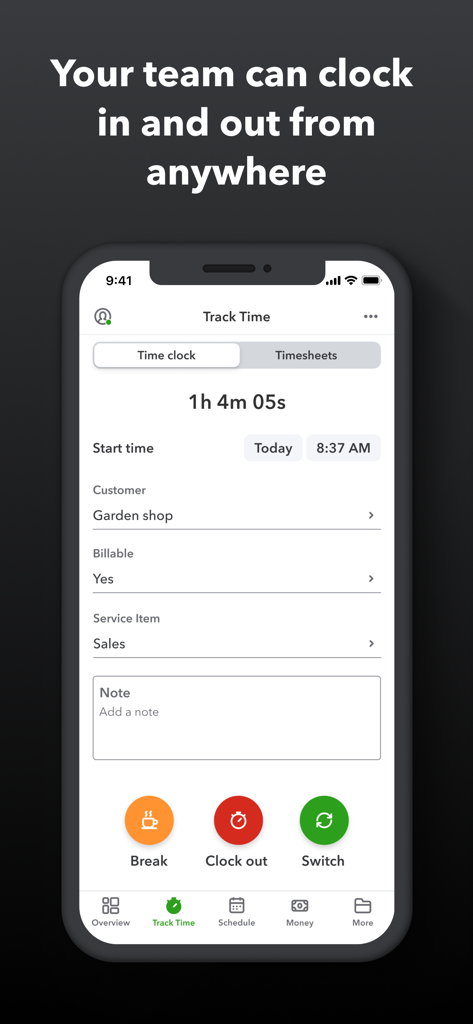 QuickBooks Workforce mobile app interface showing a running time clock with options to clock out or take a break.