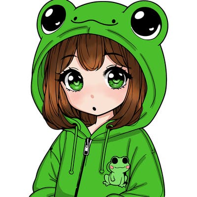 cute realistic girl in a froggy hoodie