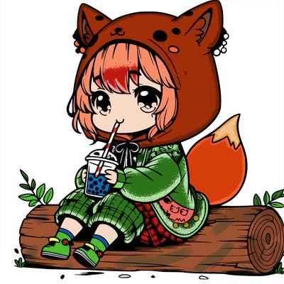 a cute anime realistic girl who is wearing a cute fox onesie and is drinking boba sitting on a log