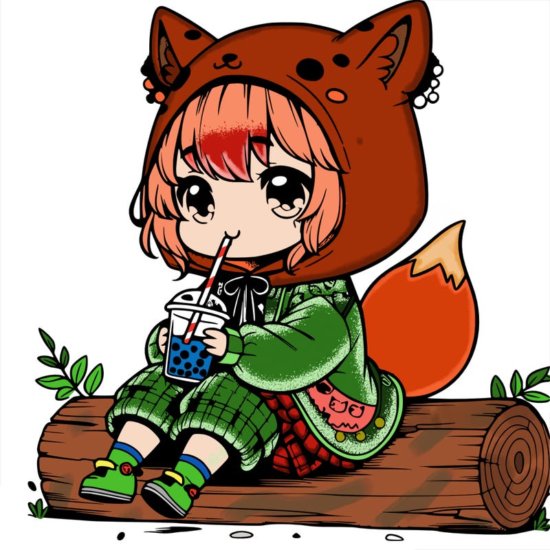 a cute anime realistic girl who is wearing a cute fox onesie and is drinking boba sitting on a log