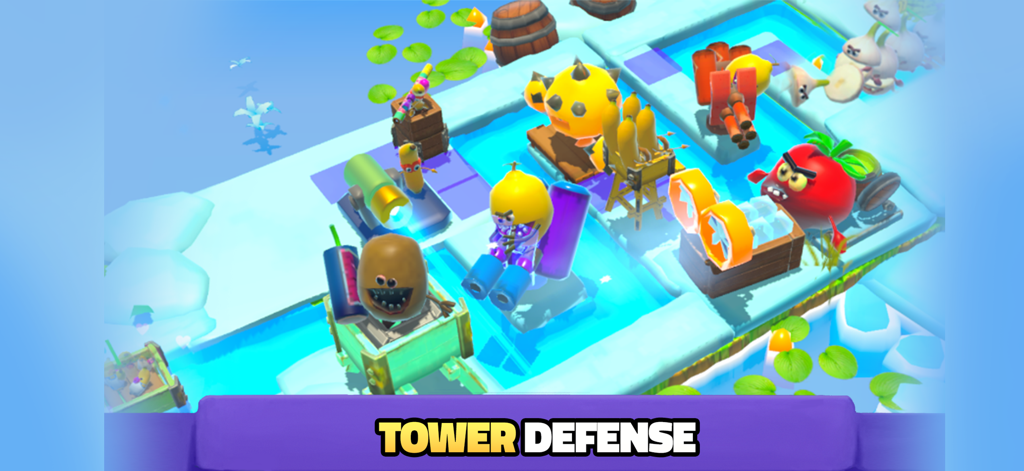Fruits vs Vegetables - Gameplay screenshot of Fruits vs Vegetables tower defense game featuring fruit characters defending against waves.