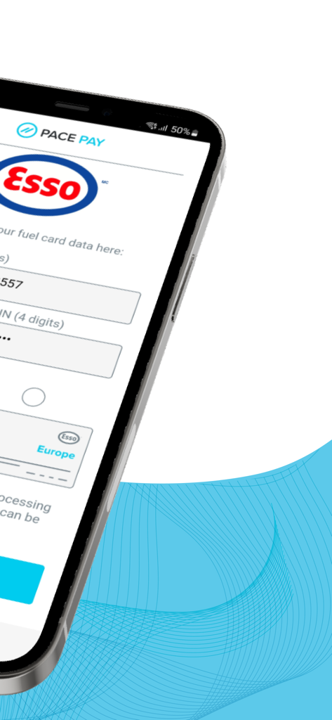 Tela de smartphone do aplicativo Esso PRO mostrando os campos de dados do cartão de combustível e de entrada de PIN para cadastrar um cartão de frota profissional.