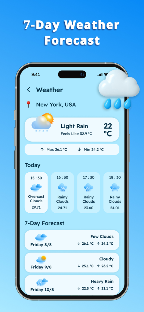 Thermometer - Inside & Outside - 7 day weather forecast screen in the Thermometer app showing hourly and weekly updates