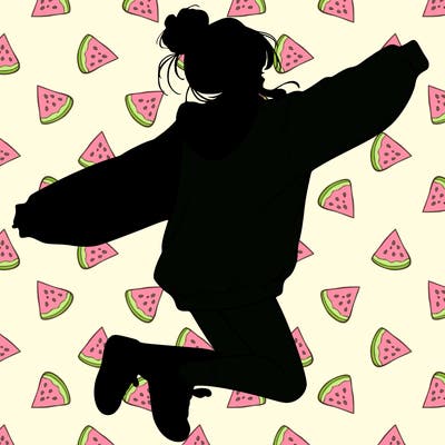 realistic girl jumping with a bun and oversized sweatshirt