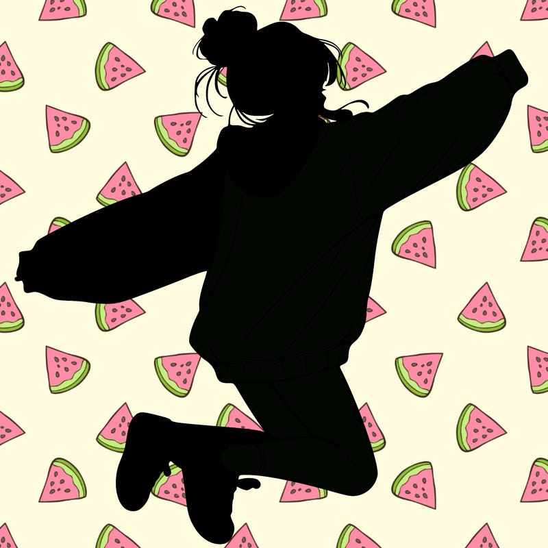 realistic girl jumping with a bun and oversized sweatshirt
