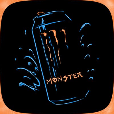 monster energy drink, blue color, monster energy logo is green and background is black