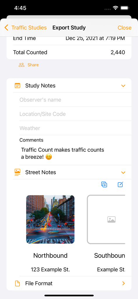 Traffic Count Pro - TMC - Bildschirm zum Exportieren von Studien in Traffic Count Pro mit Studiennotizen und Kreuzungsfotos