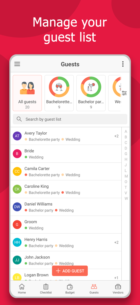 Wedding Planner by MyWed - Interface of the MyWed app showing the wedding guest list management and event categories.