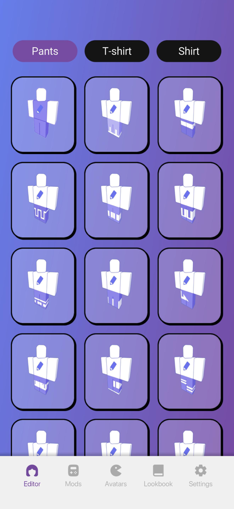 Mods & Skins Studio for Roblox - Editor de skins de personajes de Roblox mostrando una selección de diseños de pantalones personalizados.