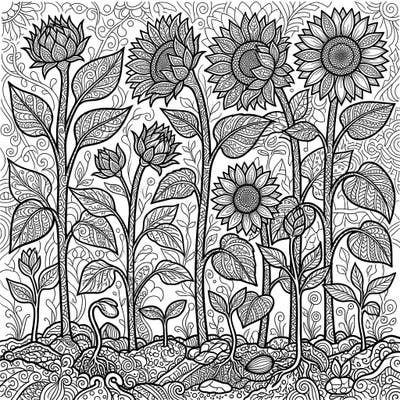 Immerse yourself in the intricate beauty of young sunflowers blossoming in a stunning Zentangle style. This detailed coloring page offers a meditative escape, perfect for artists of all ages.