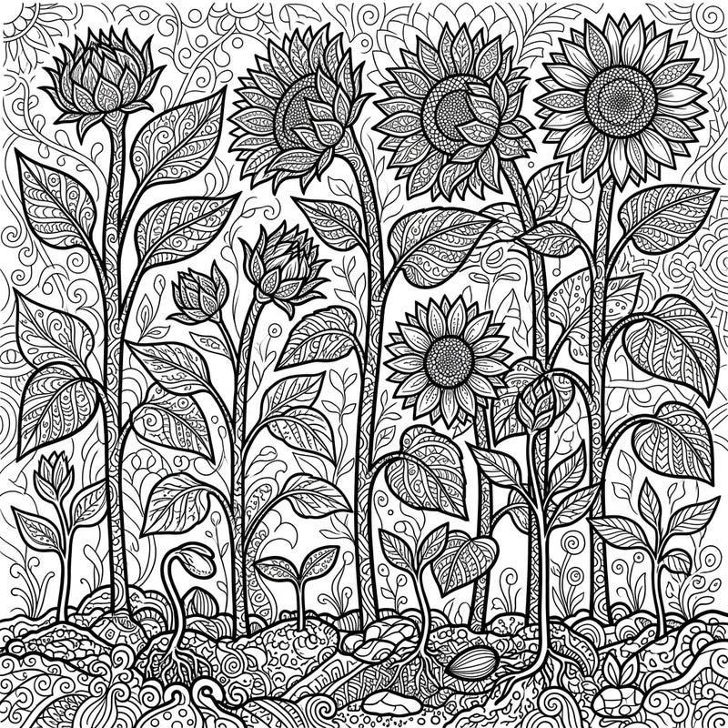 Immerse yourself in the intricate beauty of young sunflowers blossoming in a stunning Zentangle style. This detailed coloring page offers a meditative escape, perfect for artists of all ages.