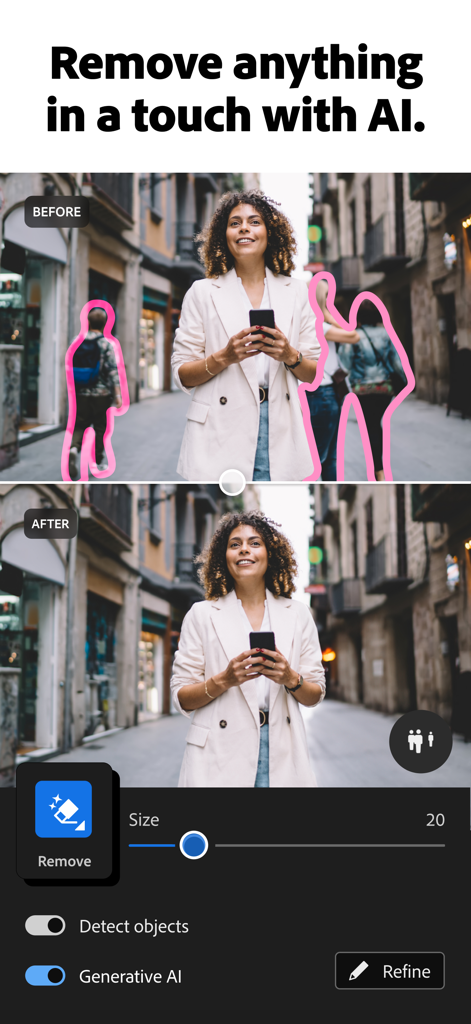 Comparaison avant/après d'une photo de rue montrant l'utilisation de la fonction de suppression générative par IA d'Adobe Lightroom pour effacer les personnes en arrière-plan