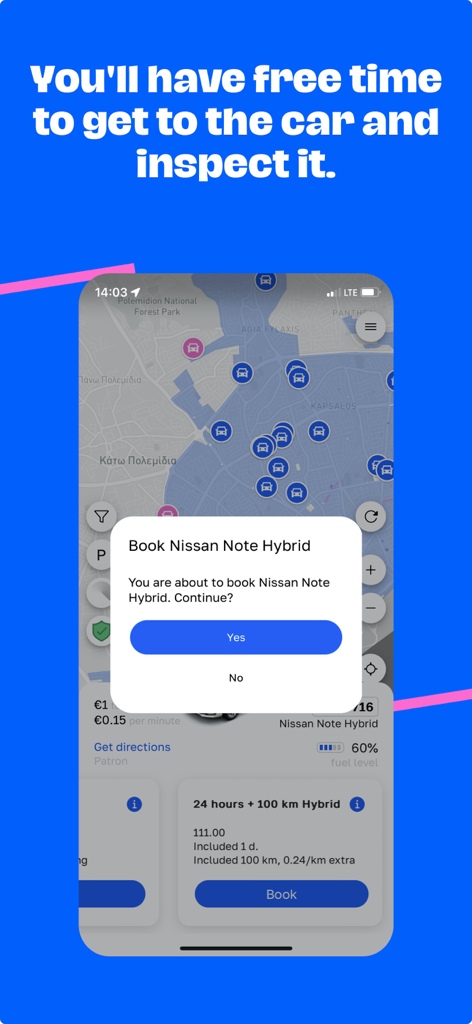 RideNow - Carsharing - RideNow carsharing app screen displaying a car booking confirmation popup over a map.
