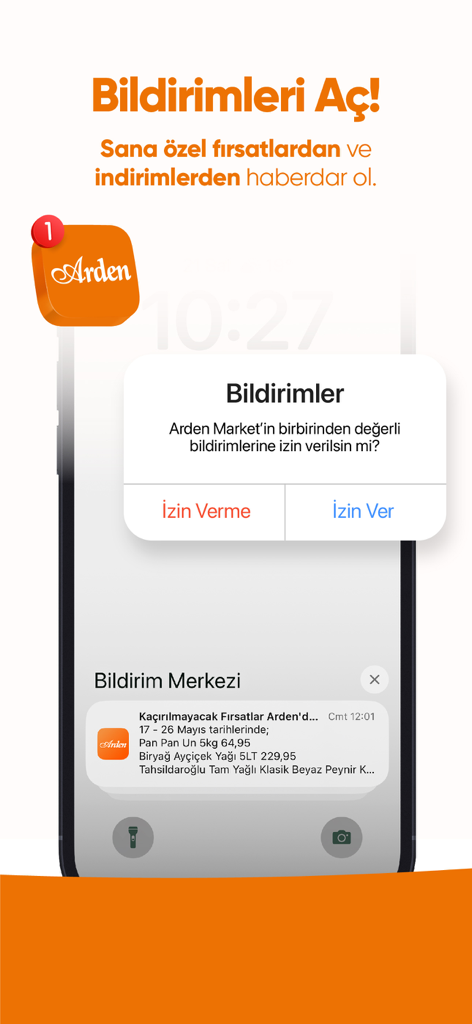 Arden Market - Screenshot dell'app Arden Market che mostra la richiesta di notifica push per offerte speciali e sconti sulla spesa