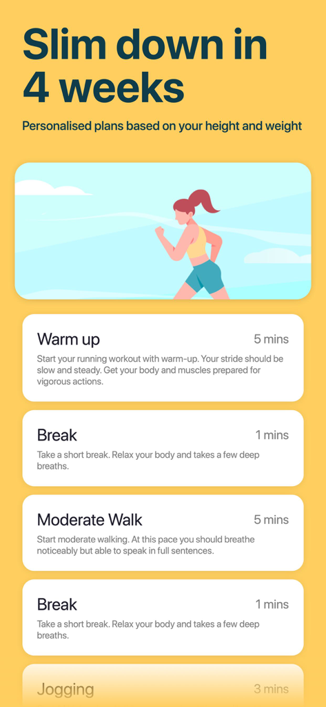 Running Coach - Beginner Guide - Uma interface de aplicativo de corrida para iniciantes mostrando um plano de perda de peso de 4 semanas com intervalos para aquecimento e caminhada