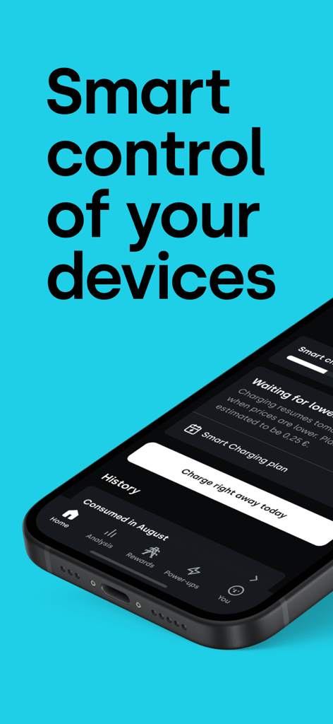 Tibber - Smarter power - Tibber app interface displaying smart control of devices and electric vehicle charging schedule.