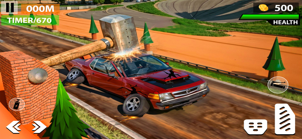 Car Crash Destruction Derby 2 - A red car being crushed by a giant wooden hammer in a stunt arena showing realistic physics damage