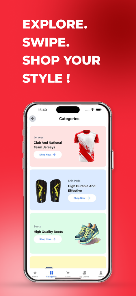 Mobile app screen for Jersey Pasal Nepal showing sports gear categories including jerseys shin pads and boots