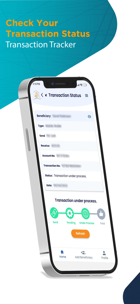 ALDAR FOR EXCHANGE WORKS - Aldar For Exchange Works app transaction tracker showing a money transfer status under process