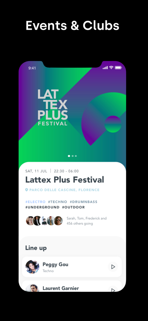 Pantalla de la app Xceed mostrando detalles del evento Lattex Plus Festival, incluyendo el cartel de artistas y la ubicación.