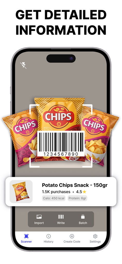QR Code Scanner - Generate QR - Eine mobile App-Oberfläche, die einen Barcode auf einer Snackpackung scannt, um detaillierte Produktspezifikationen und Benutzerbewertungen anzuzeigen