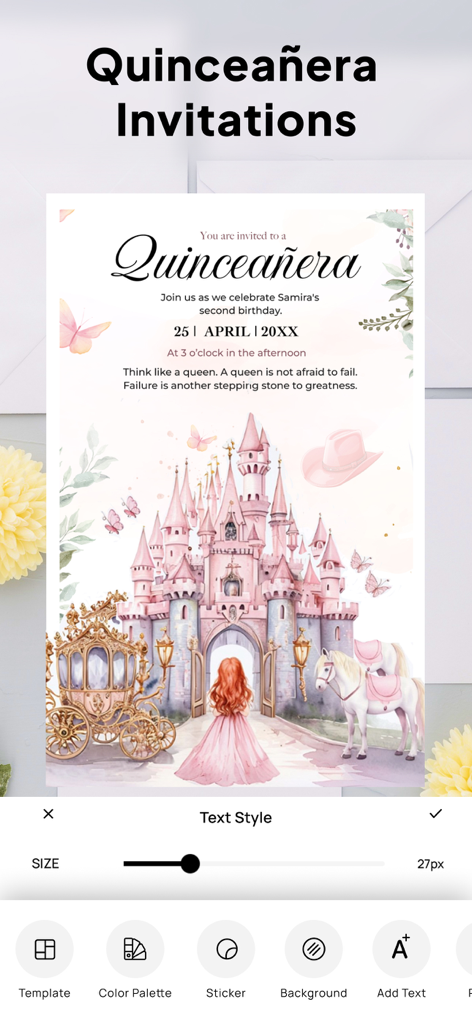 Invitation Maker| Digital RSVP - ピンクのお城とテキスト編集ツールを備えたおとぎ話風のキンセアニエラ招待状テンプレートを示す招待状メーカーのモバイルアプリインターフェース