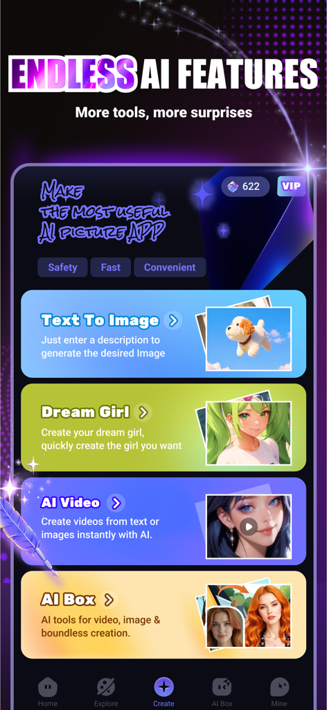 Magic AIアプリのインターフェース。テキストから画像、ドリームガール作成、AIビデオツールなどのオプションが表示されています。
