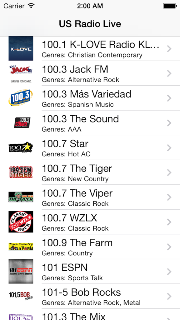 US Radio Live (United States of America USA) - US Radio Live app interface showing a list of radio stations with their logos and genres