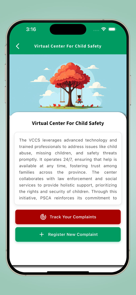 Mobile app screen for the Virtual Center For Child Safety with options to register or track complaints.