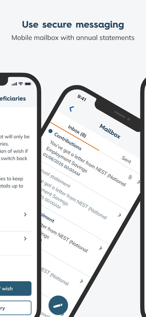 Interfaz del buzón de la aplicación Nest Pensions que muestra mensajes seguros y extractos anuales