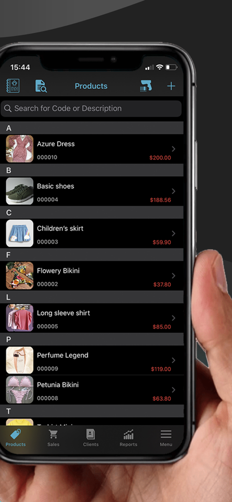 Produktinventarliste in der My Loja Store App mit Bekleidungsartikeln und Preisen
