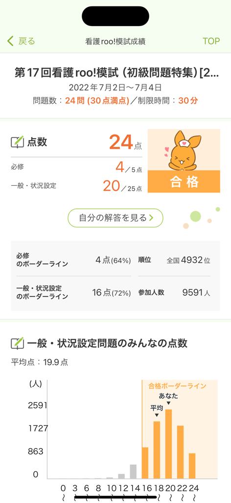 看護師国家試験対策 看護roo!国試 - Mock exam results screen showing a passing score and score distribution chart for the nursing national examination app