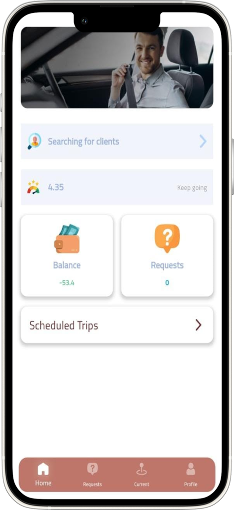 Dog Drive - Panel móvil de la aplicación Dog Drive para profesionales del transporte de mascotas que muestra el saldo y las solicitudes de viaje