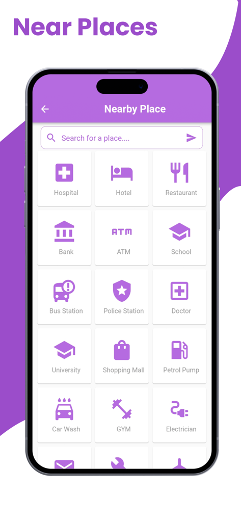 Screen displaying various categories of nearby places like restaurants and hotels