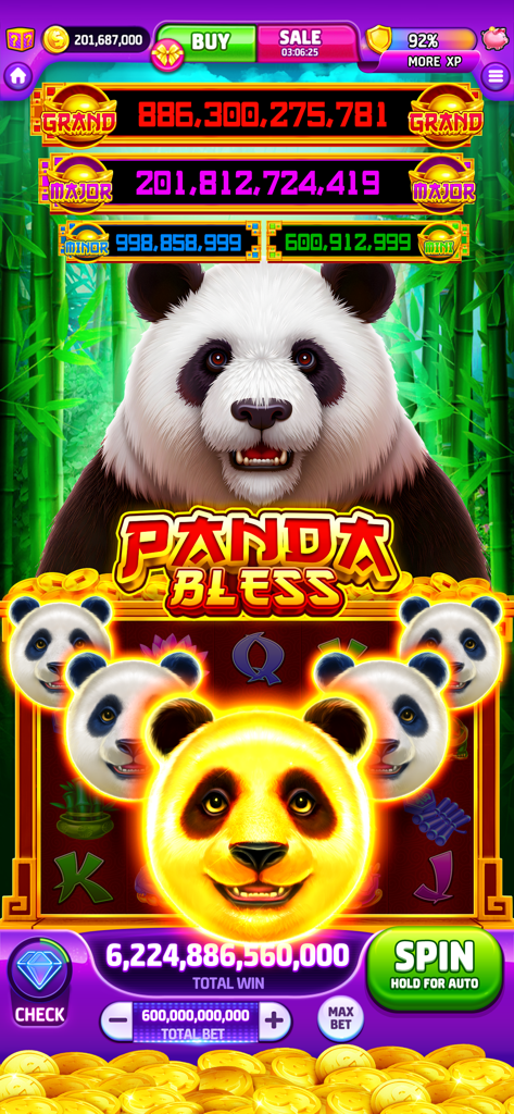 Cash Tornado Slots Panda Bless game screen showing a multi-billion coin jackpot win.