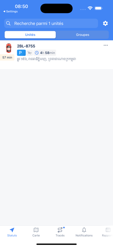 Europe Track - Europe Track app screen displaying the status and parking time of a tracked car.